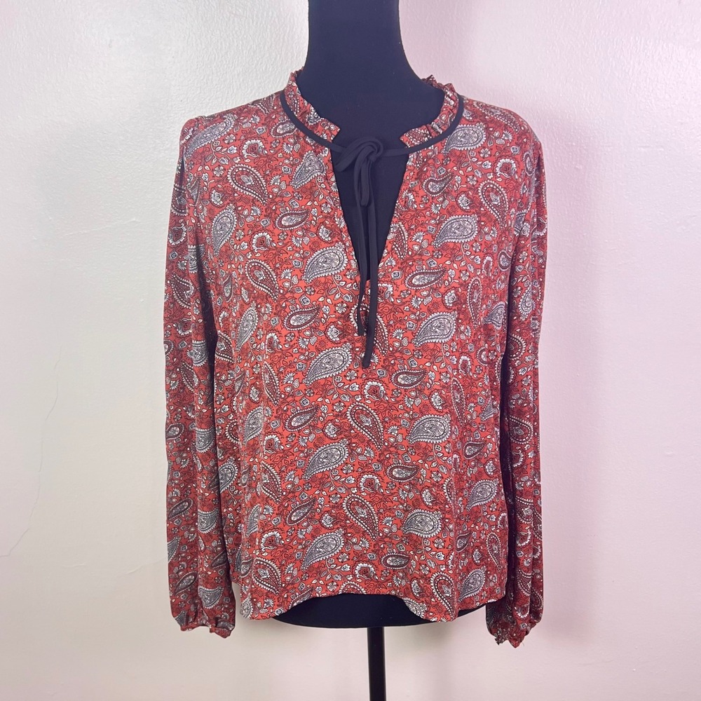 Forever 21 Contemporary Blouse L Red Paisley Tie Neck Boho Whimsigoth